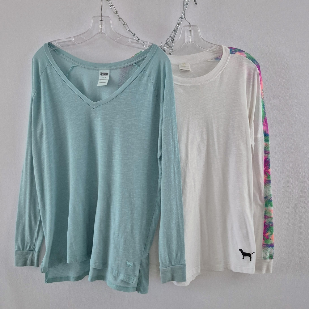 PINK Victoria's Secret Dog Medium Oversized Aqua and White Long Sleeve Tees